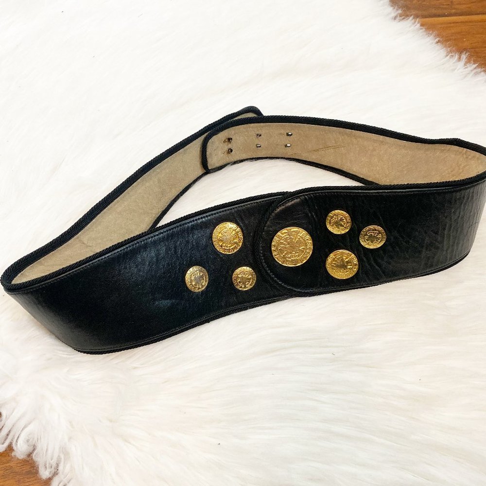 Vintage Adrienne Vittadini Wide Black Leather Belt With Coin Accents Size Medium